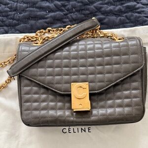 Celine Quilted Shoulder Bag in Olive with Gold Chain